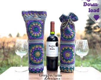 May include: A bottle of red wine is flanked by two crocheted wine bottle covers. The covers are purple, teal, and gray with a floral design. Two wine glasses sit on either side of the wine bottle. The words "Digital Download" are in the upper right corner.