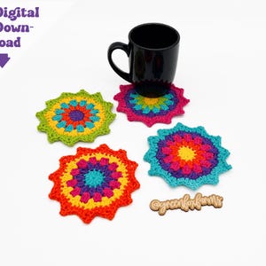 May include: Four colorful crocheted coasters with a rainbow pattern. The coasters are arranged in a circle around a black coffee mug. The coasters are made with a variety of colors, including red, orange, yellow, green, blue, and purple. The coasters are perfect for adding a pop of color to any table.