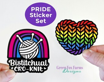 Yarn Pride Sticker Set, Knitted Pride Flag Heart + Bistitchual Decal SET for Crocheter + Knitter, Bisexual Yarn Lover Rainbow Equality Decal