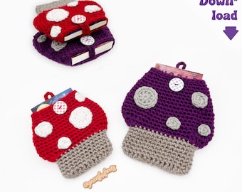 May include: A crochet pattern for a mushroom-shaped book cover. The pattern includes instructions for making a red and white mushroom and a purple and gray mushroom. The pattern is available as a digital download.
