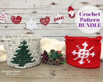 Nordic Holiday Decor Set Crochet Pattern Bundle, Christmas Decorations Basket and Garland Crochet Home Decor, Digital Download ONLY