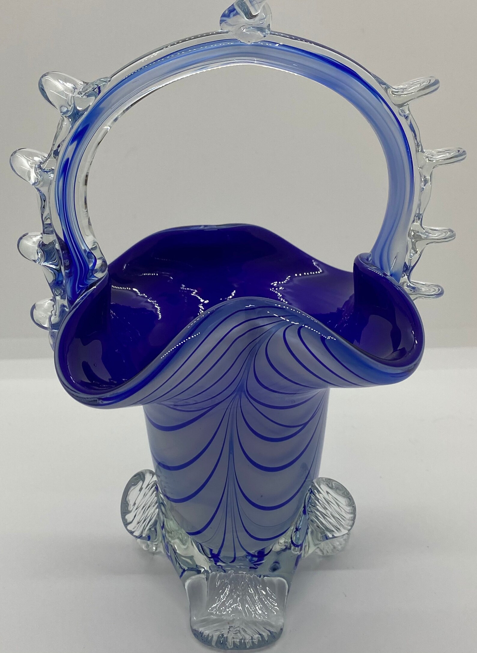 Vintage Murano glass basket Cobalt blue and white glass Etsy