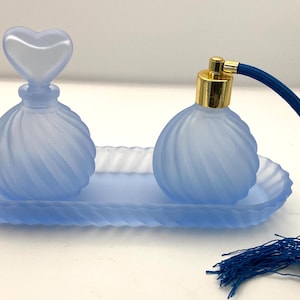 Vintage blue satin glass perfume bottle and atomiser with tray, vintage blue glass scent bottle set, dressing table vanity set