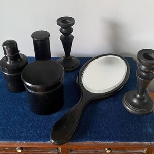 Antik ebenholts sminkbordsset: Edwardianska sminkbordstillbehör