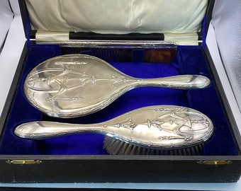 Antique silver backed hairbrush, mirror and comb, 1911 Chester silver dressing table set, William Neale Art Nouveau vanity set