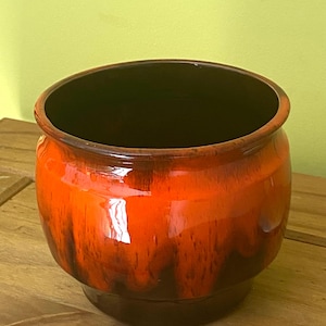 Vintage Canadiana pottery planter orange and brown ceramic, round ceramic planter drip glazed pattern