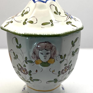 Vintage French ceramic storage jar, Hand painted faience storage jar, ceramic lidded storage jar, Moustiers pottery lidded jar