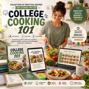 Puede incluir: Un libro de cocina titulado College Cooking 101, una tableta con recetas sencillas y un portátil con un plan de comidas semanal. El conjunto incluye un cuaderno para la lista de la compra y una taza con el texto Good food good mood.