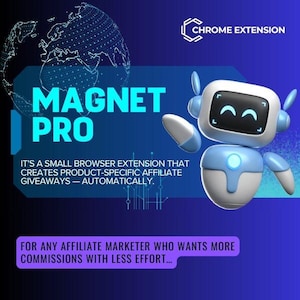 Puede incluir: Imagen publicitaria de la extensión de Chrome Magnet Pro. Presenta un robot azul y blanco, un gráfico de globo terráqueo y el texto "MAGNET PRO". El texto explica que crea automáticamente sorteos de afiliados específicos de productos. La parte inferior de la imagen dice: "PARA CUALQUIER MARKETER DE AFILIADOS QUE QUIERA MÁS COMISIONES CON MENOS ESFUERZO..."