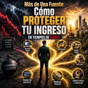 May include: A digital graphic featuring a person standing between a dark, stormy landscape with a red downward trend line and a bright city skyline. Text reads: Más de Una Fuente: Cómo PROTEGER TU INGRESO EN TIEMPOS DE CRISIS, with icons for business.