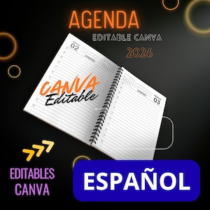 Puede incluir: Una agenda abierta con espiral, con el texto "AGENDA EDITABLE CANVA 2026" en naranja. La agenda está abierta en una página con la fecha "02 JANEIRO" y "03 JANEIRO". También se ven las palabras "CANVA Editable" y "EDITABLES CANVA".