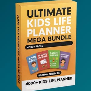 Puede incluir: Un conjunto de cajas amarillas titulado "ULTIMATE KIDS LIFE PLANNER MEGA BUNDLE" con el texto "4000+ PAGES". El conjunto incluye libros de ADHD, Reading Journal, Garden Planner y Mindfulness Journal. También es visible el texto "4000++ PIRNDLES".