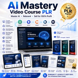 Può includere: Un pacchetto PLR di video corso AI Mastery con un laptop che mostra una dashboard, un tablet, uno smartphone e varie copertine di prodotti digitali in inglese, portoghese e spagnolo, con un sigillo dorato per i diritti PLR completi.