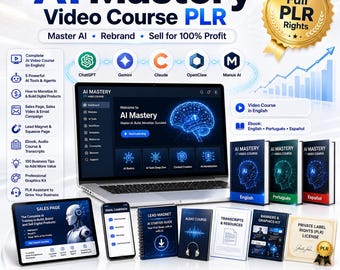 May include: An AI Mastery video course PLR package featuring a laptop displaying a dashboard, a tablet, a smartphone, and various digital product covers in English, Portuguese, and Spanish. Includes a gold seal for full PLR rights and icons.