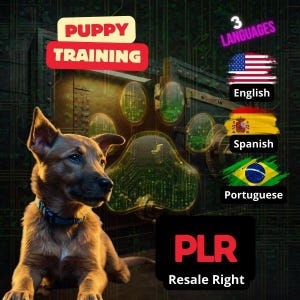 May include: A brown puppy wearing a blue collar is the central focus of an image advertising puppy training. The image includes the text "Puppy Training" and "3 Languages", alongside flags representing English, Spanish, and Portuguese. The image also features the text "PLR Resale Right".