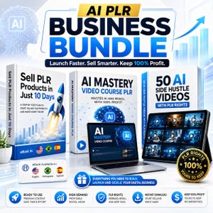 以下が含まれることがあります： Sell PLR Products in Just 10 Days、AI Mastery Video Course PLR、50 AI Side Hustle Videosと題された3冊の白い本を含むデジタルビジネスバンドル。ノートパソコンとタブレットがコース内容を表示し、100% PLR権を示す金色のバッジが添えられています。