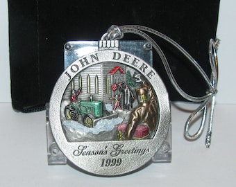 Rare John Deere 1947-1952 Model M Tractor 1999 Hand Painted Pewter Christmas Ornament 4th In Series jd Xmas Snow Church People NEW in Bag