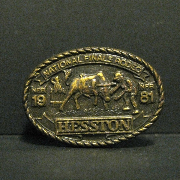 Hesston 1982 PCRA NFR National Rodeo Finals All Around Cowboy Collectible Brass Hat Lapel Pint Tie Tac Cowboy Bronc Bareback Calf Roping