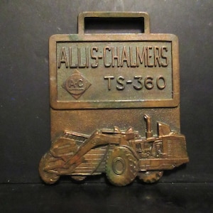 AC Allis Chalmers TS-360 Scraper Tractor Earthmover Brass Pocket Watch Fob Construction Mining Ag Advertising Promo Collectible Leavens Mfg