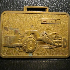 EUCLID Mining Dump Truck & Elevating Scraper Tractor Brass Double-Sided Pocket Watch Fob Construction Heavy Equipment Collectible Quarry