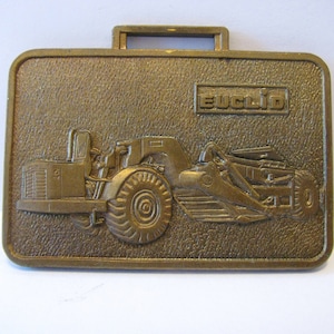 EUCLID Elevating Scraper Tractor & Mining Dump Truck Brass Double-Sided Pocket Watch Fob Construction Heavy Equipment Collectible Quarry