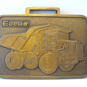 EUCLID Mining Dump Truck & Elevating Scraper Tractor Brass Double-Sided Pocket Watch Fob Construction Heavy Equipment Collectible Quarry