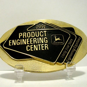 RARE & Hard to Find John Deere 1991 Product Engineering Center 35th Anniversary Brass Belt Buckle jd Moline 1968 Leaping Deer Trademark Logo