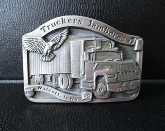 11th Annual Trucker Jamboree Iowa 80 Truckstop Walcott IA Pewter Belt Buckle July 1990 Semi Truck 18 Wheeler Tractor Trailer Eagle Spec Cast