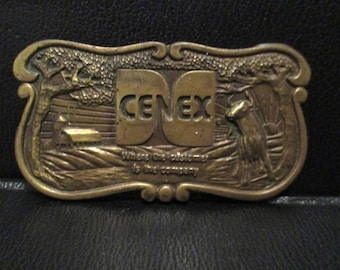 Vintage Cenex Farmers Union Brass Belt Buckle “Where The Customer is The Company” Bull Cow Farm Barn