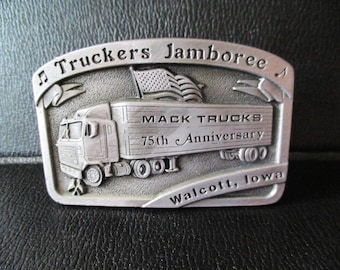 12th Annual Trucker Jamboree Iowa 80 Truckstop Walcott IA Pewter Belt Buckle 1991 Mack Trucks 75th Anniversary 18 Wheeler Spec Cast USA Flag