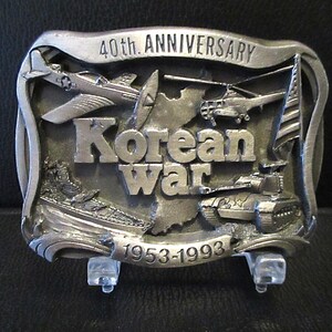 Korean War 40th Anniversary 1953-1993 Belt Buckle Pewter USA Flag Helicopter Warship Tanker Bomber Airplane Military Collectible Limited Ed