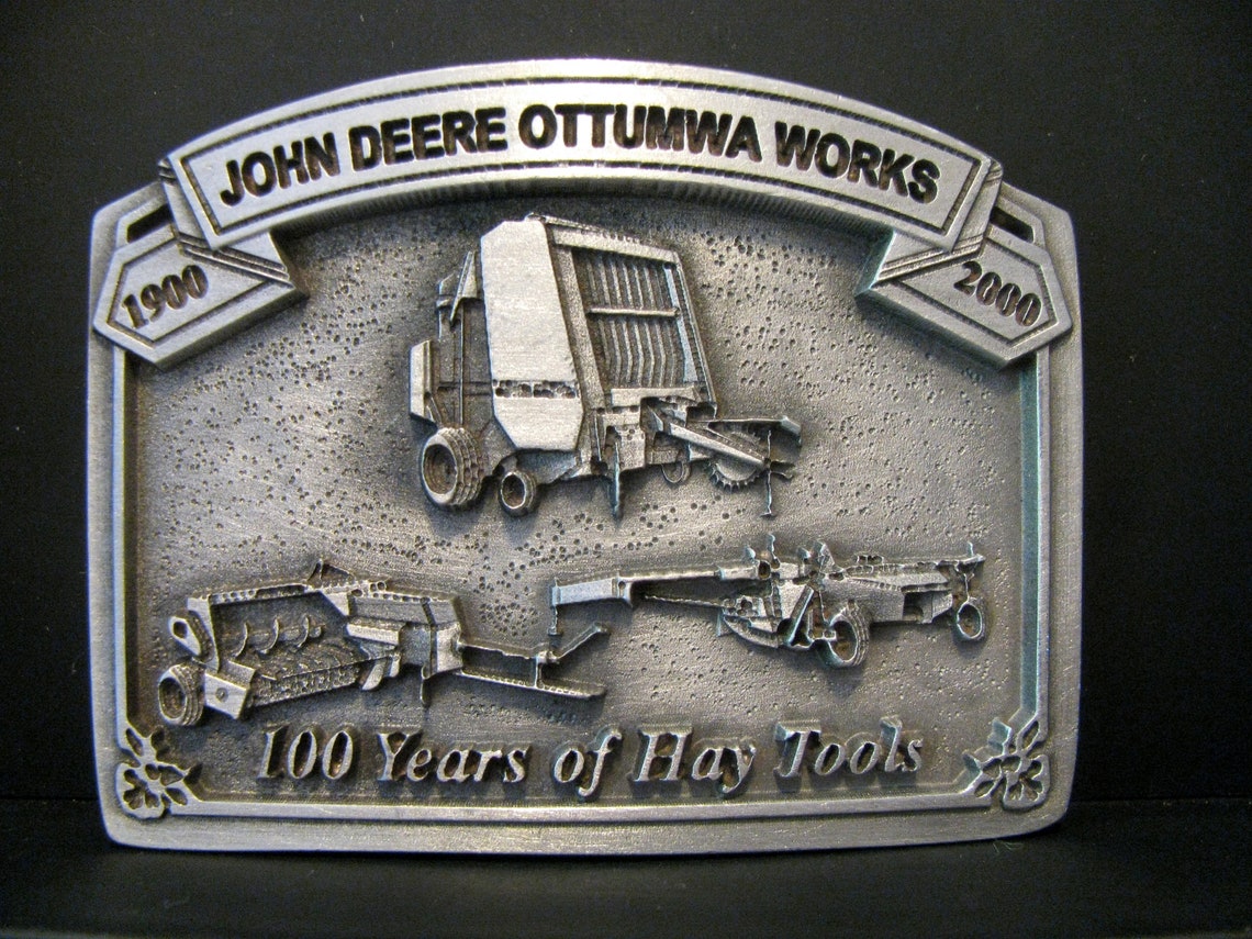 John Deere Ottumwa Works Round & Square Balers 100 Years of Hay Tools Pewter Belt Buckle 1900