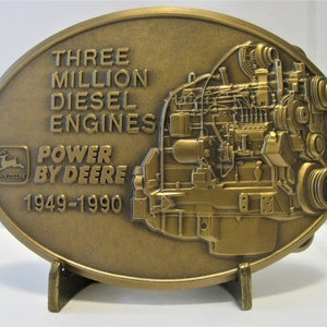 1949 - 1990 John Deere Worldwide Diesel Engine Manufacturing 3 Million Engines Brass Belt Buckle Dubuque & Waterloo Iowa and Saran France jd