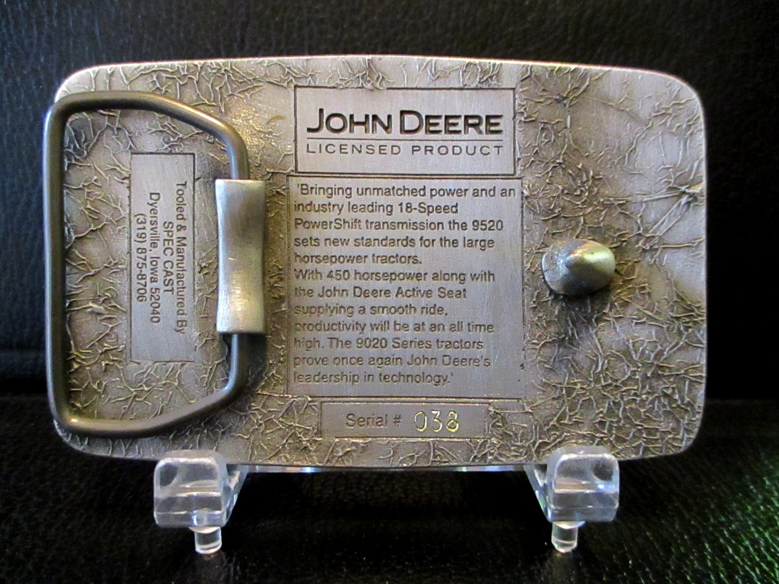 BeyerTractor John Deere 9020 Series - 9520 4WD Tractor Employee Only Pewter Belt Buckle Dated 2001 Limited Edition JD Waterloo Operations Command Series