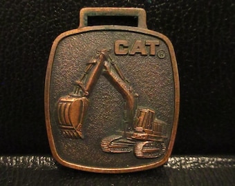 Caterpillar Cat Crawler Excavator Brass Pocket Watch Fob Advertising Promo Peoria Illinois Construction Equipment Collectible Bronze Colored
