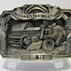 Massey Ferguson 72 Combine Pewter Belt Buckle 1986 Limited Edition #475/5000 MF Triangle Tractor Trademark Logo farm harvest Grain Head silo