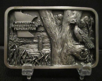 1997 Minnesota Conservation Federation Wood Duck Bird Pewter Belt Buckle Limited Ed 231/750 MDNR State Hunting Habitat