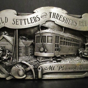 1984 Old Settlers & Threshers Reunion Mt Pleasant Iowa Southern Railway Train Depot Boucle de ceinture de collection en étain, édition limitée 216 sur 2500