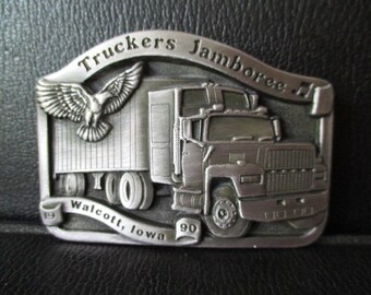 11th Annual Trucker Jamboree Iowa 80 Truckstop Walcott IA Pewter Belt Buckle July 1990 Semi Truck 18 Wheeler Tractor Trailer Eagle Spec Cast