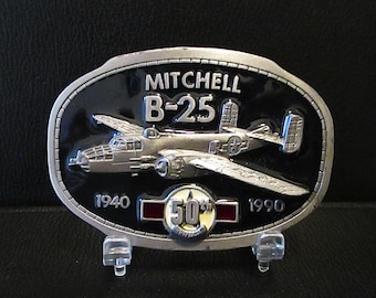 USAF USAAF B-25 Mitchell WWII Bomber Airplane 1940-1990 50th Anniversary Belt Buckle Limited Edition Pewter & Enamel Military Aviation