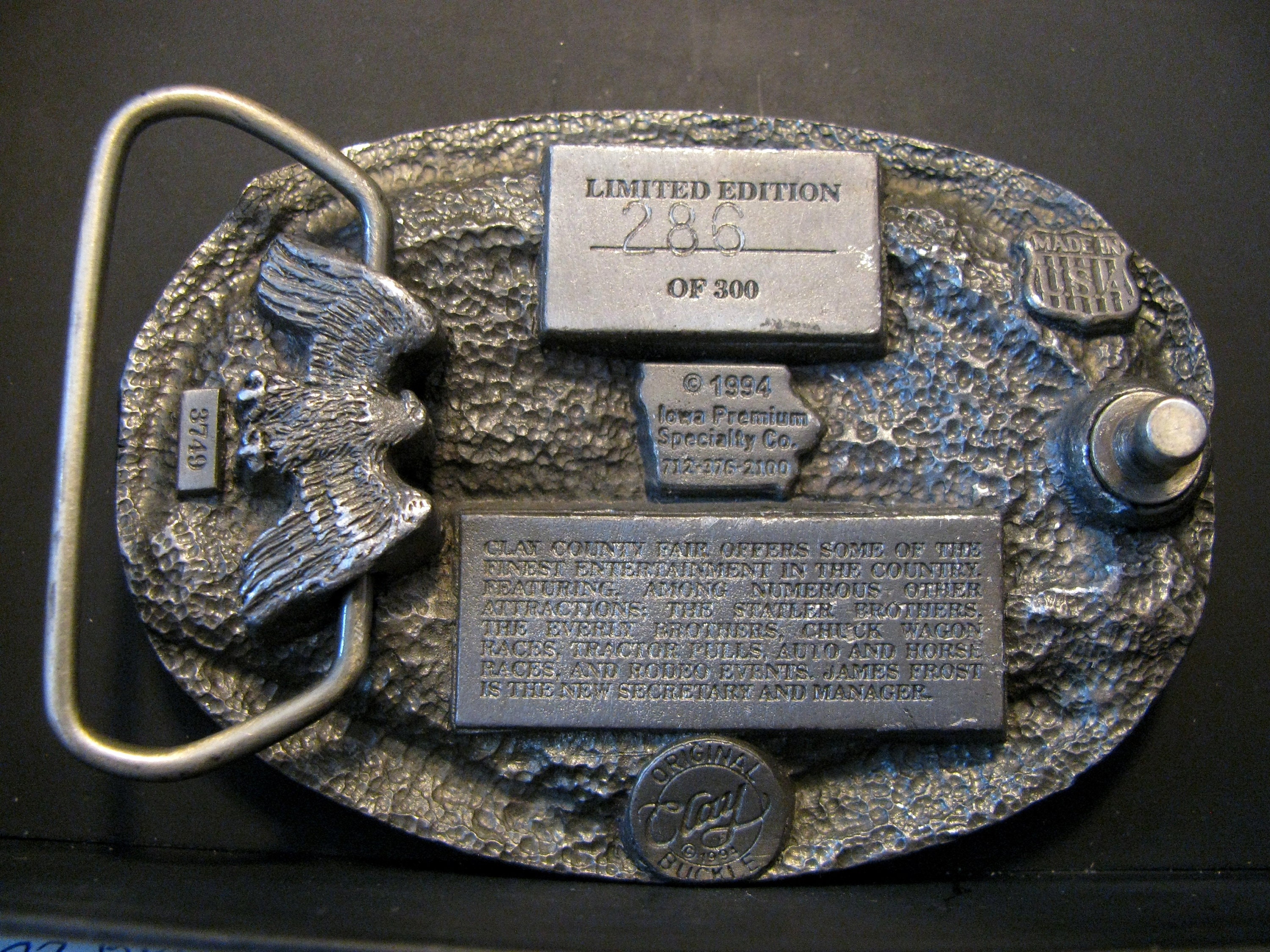 1994 Clay County Fair Spencer Iowa John Deere Collector Pewter & Enamel Belt Buckle Limited