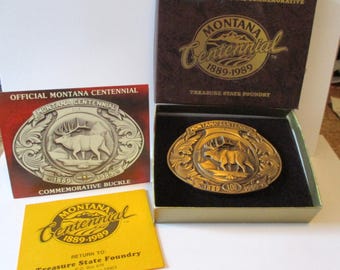 1989 MONTANA Centennial BULL ELK Commemorative Belt Buckle Limited Edition with Certificate of Authenticity Treasure State Foundry