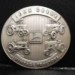 John Deere Vintage Tractors Models 730, A, R &  D Belt Buckle 1993 Two Cylinder Silver in Color jd collectible