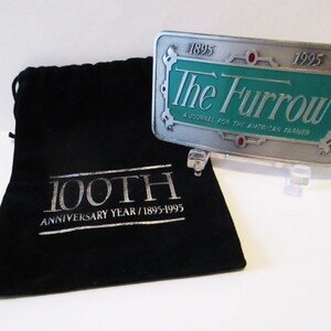 John Deere THE FURROW Magazine &quot;A Journal For The American Farmer&quot; Belt Buckle 1895-1995 100th Anniversary jd Collectible Moline IL farming