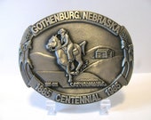 Gothenburg Nebraska 1885-1985 Centennial Horse Cowboy Pioneer Pewter Belt Buckle Limited Edition 44 Produced by Dart Ad wheat cabin land