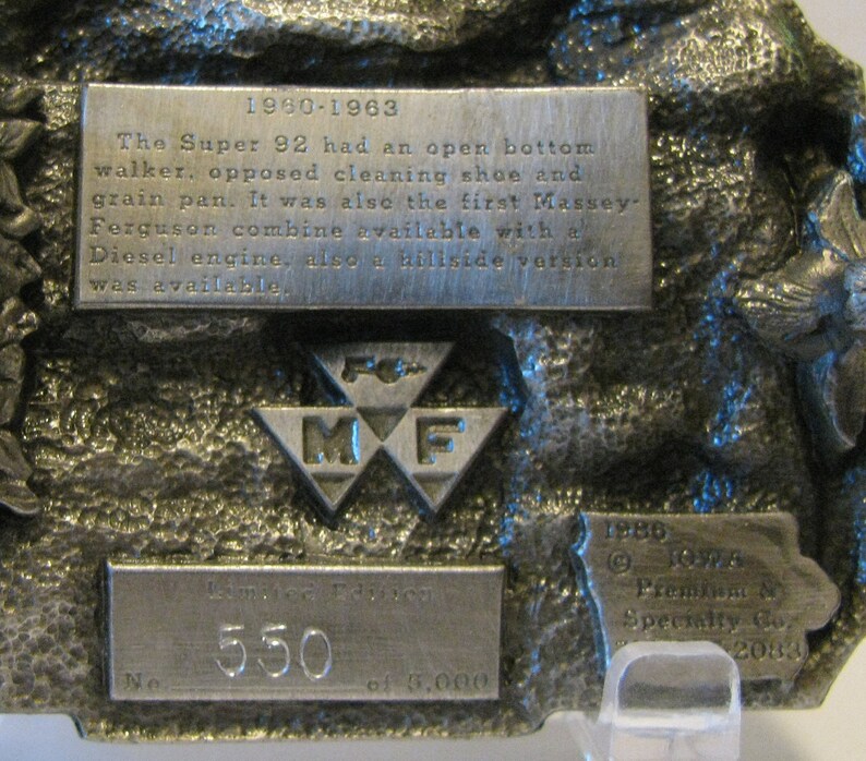 Massey Ferguson MF SUPER 92 Combine Pewter Belt Buckle 1986 Limited Edition #5505000 Trademark Grain Head barn field harvest wheat