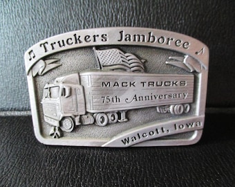 12th Annual Trucker Jamboree Iowa 80 Truckstop Walcott IA Pewter Belt Buckle 1991 Mack Trucks 75th Anniversary 18 Wheeler Spec Cast USA Flag