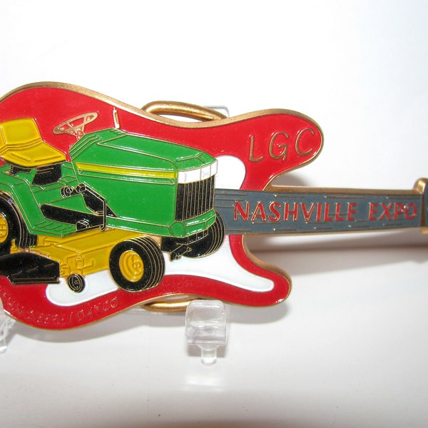 John Deere Dayco LX Series Lawn Garden Tractor Guitar Shaped DEALER ISSUED Belt Buckle 1996 Nashville Expo Brass & Epoxy Limited Edition jd