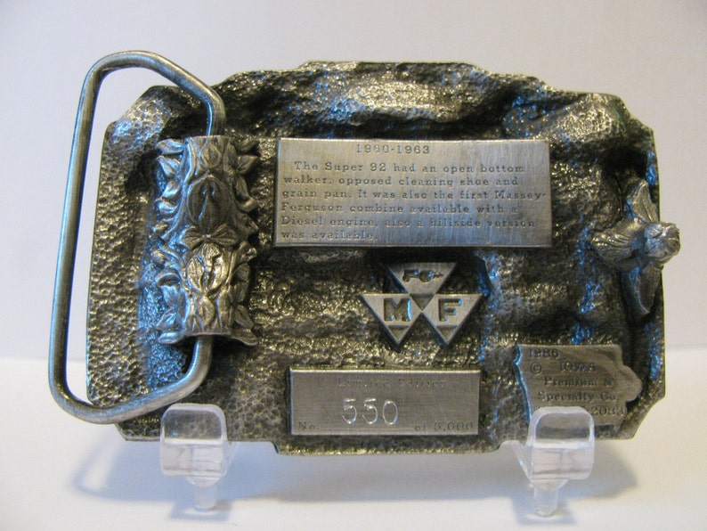 Massey Ferguson MF SUPER 92 Combine Pewter Belt Buckle 1986 Limited Edition #5505000 Trademark Grain Head barn field harvest wheat