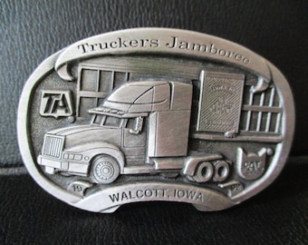 13th Annual Trucker Jamboree Iowa 80 Truckstop Walcott IA Pewter Belt Buckle 1992 Caterpillar Cat Logo Trademark 18 Wheeler Trucks Spec Cast